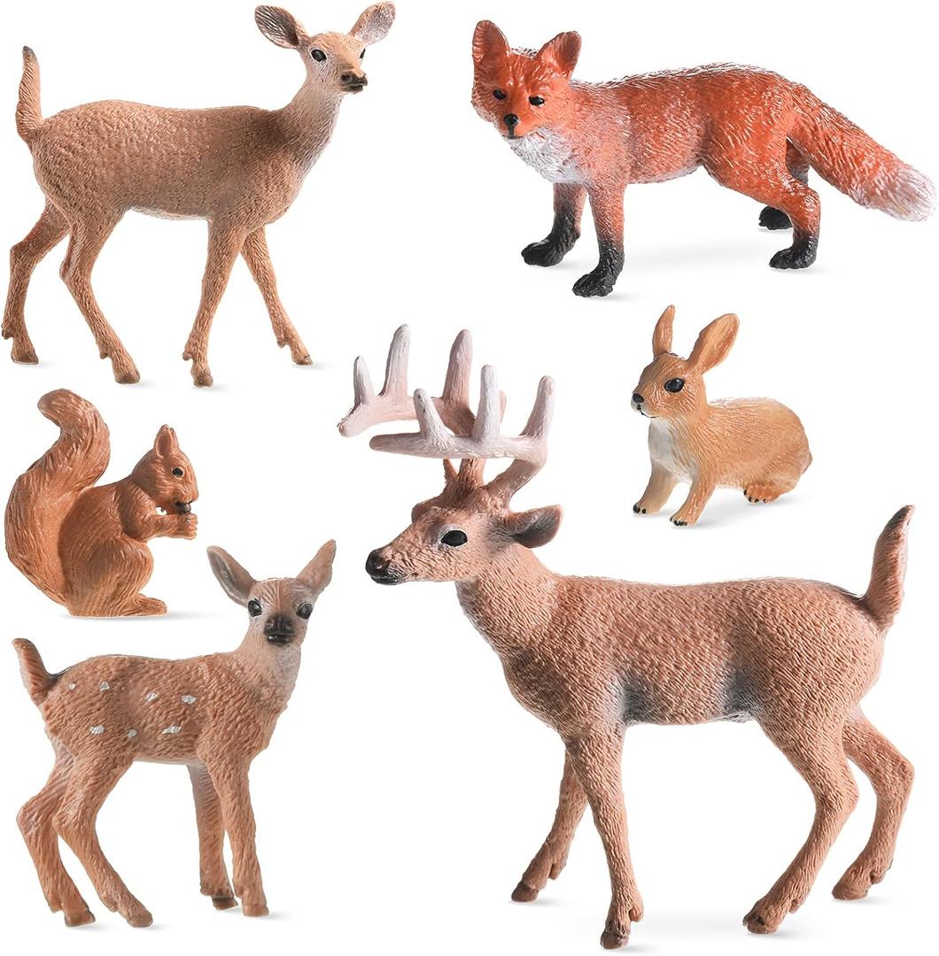 Skylety 6 Pieces Woodland Animals Figures Forest Figurines Deer Rabbit Squirrel Family Figurines Miniature Toys Cake Toppers for Christmas Birthday Party Baby Shower Decoration Favors