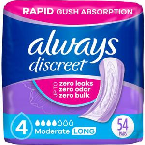 Always Discreet Adult Incontinence Pads for Women, Drier, 4 Drop Long Length, Moderate Absorbency, Pads for Bladder Control Management, Bladder Leaks, & Postpartum Pads, 54ct