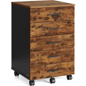 VASAGLE File Cabinet, Mobile Pedestal Filing Cabinet with Wheels, Printer Stand with 5 Drawers, Tool-Free Sliding Rails, for Study, Home Office, Rustic Brown UOFC081KD02