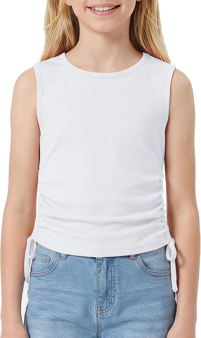 Girls Tank Tops: Round Neck Sleeveless Crop Tops Ribbed Knit Side Drawstring Dance Tops Size 7-14 Years