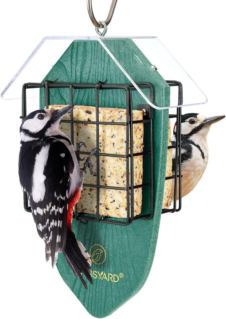 Kingsyard Double Suet Feeder for Outdoors Hanging, Recycled Plastic Tail-Prop Suet Bird Feeders with Rainproof Roof, Great for Woodpecker Chickadee Nuthatch (Green)