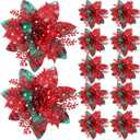 Canlierr 12 Pieces 5.7 Inch Christmas Poinsettia Flower Christmas Glitter Artificial Flower with Clips Xmas Tree Ornament for Wreath Garland Party Decor (Red Green with Snowflake)