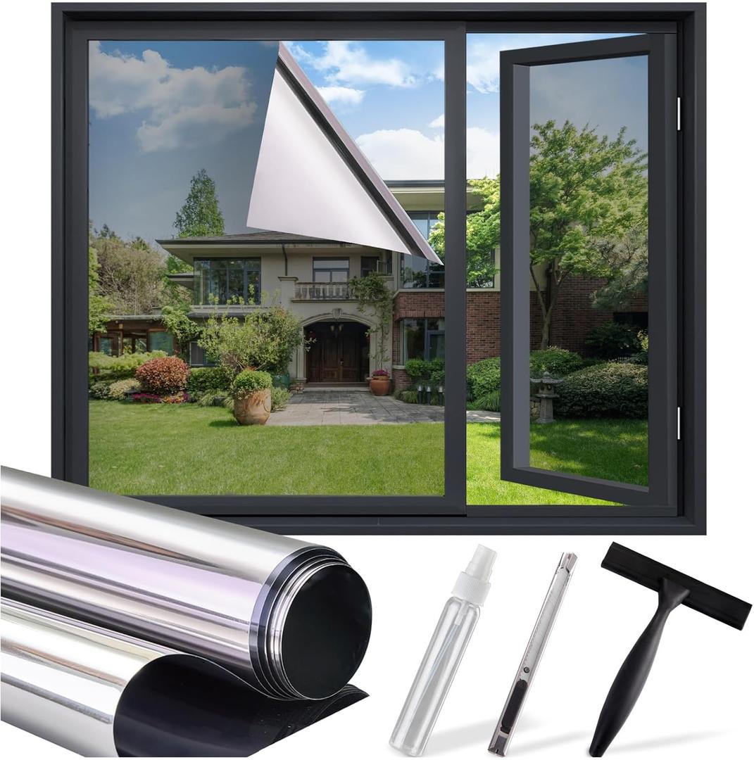 SUNBABY Window Tint for Home, One Way Privacy Film Heat & UV Blocking, Static Cling No Glue Renter Friendly Cover for Home Bedroom, Office & Sliding Glass Door, 35.4 x 78.7 Inch with 3 Tools, Silver