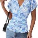 GRACE KARIN 2026 Womens Mesh Tops Summer Ruffle Sleeve Dressy Casual Top Floral Wrap Blouse Fashion Outfits (Blue, L)