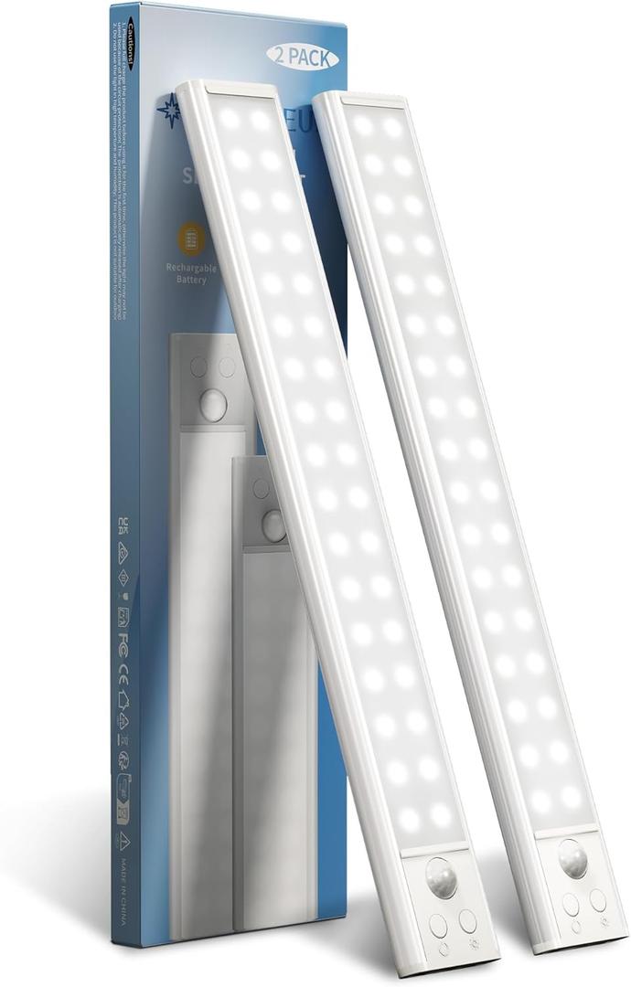 12inch Under Cabinet Lights, Motion Sensor Light Indoor 2200mAh Rechargeable Battery, Wireless, Magnetic, 5 Levels Dimmable Closet Lights, Under Counter Lights for Kitchen, Bathroom (2 Pack) (Cool White)