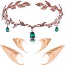 FRESHME Elf Ears with Crown Set, Soft Fairy Ears and Crystal Crown Headband for Women Halloween Cosplay Costume Party (Crystal Crown - Gold Set)