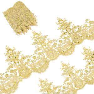 GORGECRAFT 3 Yards 9 Inches Width Sequin Flower Embroidery Lace Ribbon Metaillic Venice Edging Trimming Applique Sewing Lace Trim Floral Lace Crown Edge for Fabric Embroidered Wedding Bridal(Golden)