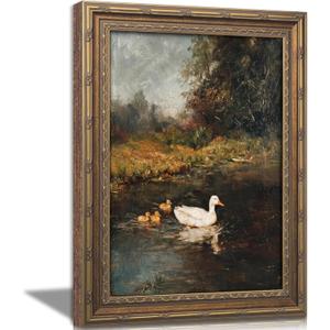 Vintage Gold Framed Duck Wall Art, Rustic Farmhouse Duck Lake Landscape Painting Canvas Prints, Pond Wildlife Wall Decor, Cottagecore Ducklings Poster Artwork for Living Room Bedroom Kitchen 16x24in