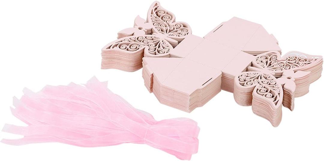 Cyrank Laser Cut Boxes, 100Pcs Cute Party Favor Boxes Wedding Candy Boxes Party Wedding Favor Ribbon Candy Boxes Party Favors for Wedding(Pink)