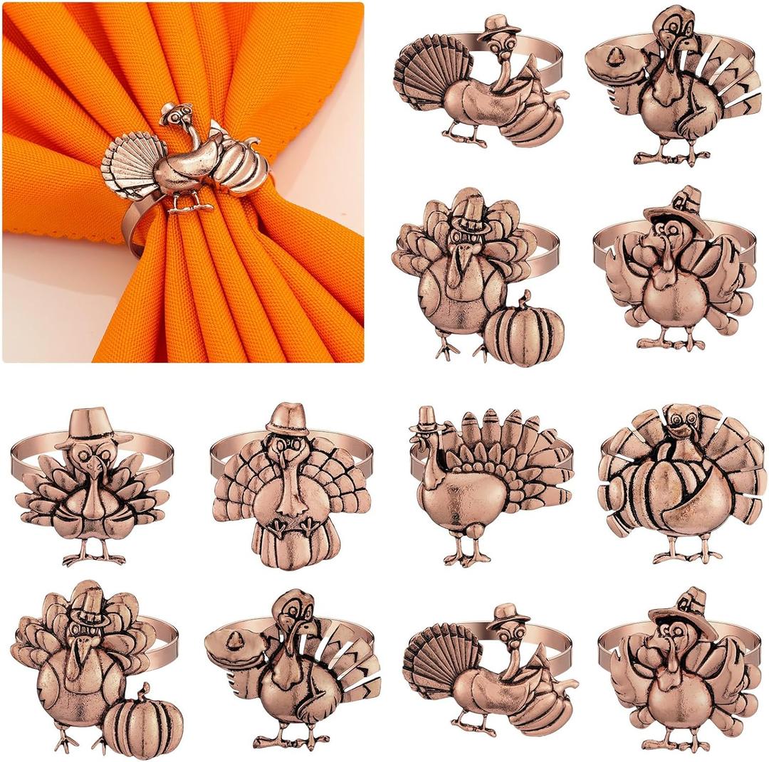 WILLBOND 12 Pcs Thanksgiving Turkey Napkin Ring Vintage Bronze Metal Fall Napkin Ring Holders Turkey Bird Serviette Buckles for Thanksgiving Autumn Halloween Party Table Celebration