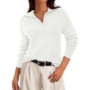 PRETTYGARDEN Women's Fall Quarter Zip Pullover Sweaters 2026 Dressy Casual Long Sleeve V Neck Collared Knit Jumper Tops (White, XL)