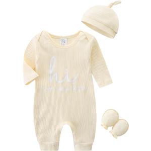 Newborn Unisex Baby Clothes 0-3 Months,Long Sleeve Onesie Infant Coming Home Outfits Romper with Mittens & Hat (Beige)