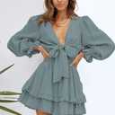 AlvaQ Womens Dresses Spring Summer Knot Front V Neck Ruffles Long Sleeve Floral Print Swing Mini Dress (Small, Slategrey)