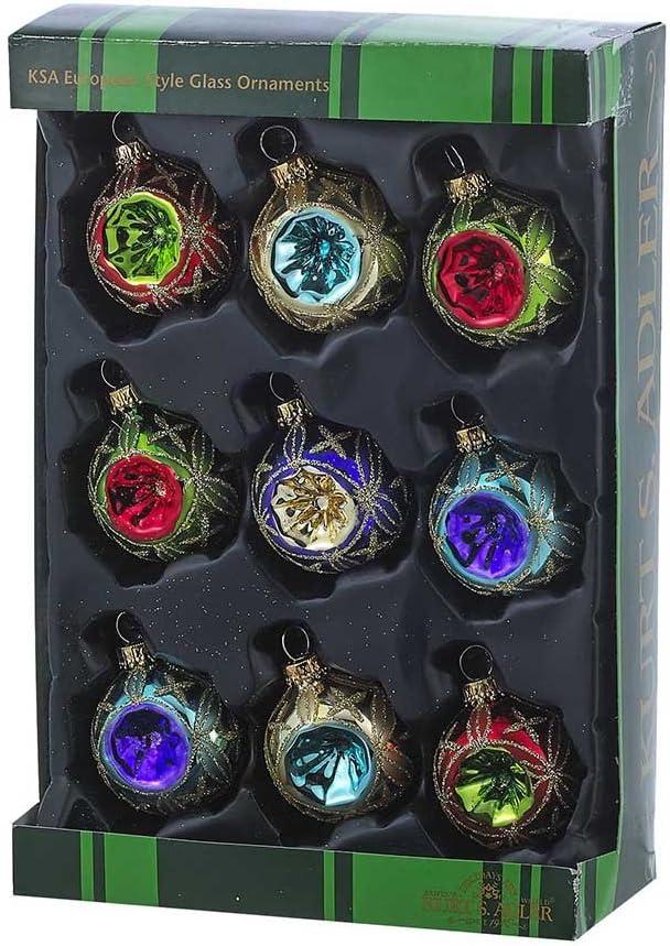 45MM Glass Multicolored Reflector Ornament Set, 9 Piece Set
