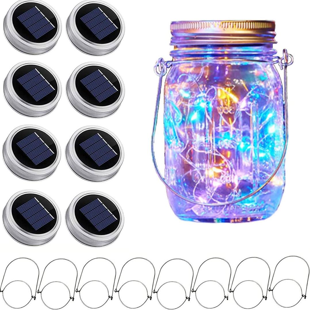 Solar Mason Jar Lid String Lights, 8 Pack 20 Led String Fairy Star Firefly Jar Lids Lights with 8 Hangers Included, for Patio Garden Wedding Lantern (Multi-Colored)