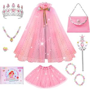 Meland Princess Dress up Clothes for Girl, Princess Cape with Kid Crown Toys, Birthday Gifts for Toddler Girls 3,4,5,6,7,8 (Pink)