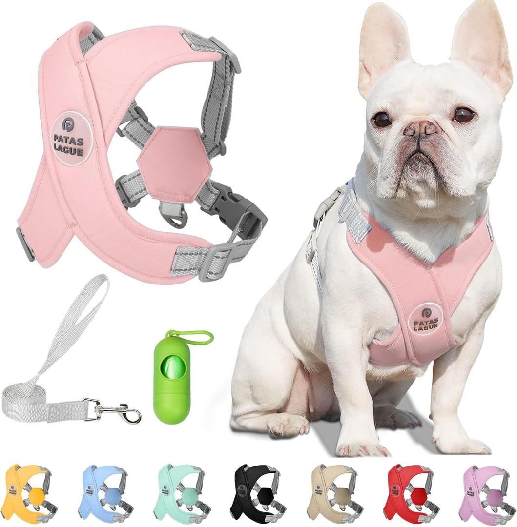 Patas Lague Dog Harness with Leash Set Adjustable Soft Padded Step-in Dog Vest No Choke No Pull Reflective for Small Medium Pets with Poop Bags and Dispenser, Solid and No-chew, Pink M (M (Neck 19.3-23.3'' Chest 22.5-25.6''))