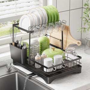 Dish Drying Rack, Dish Racks for Kitchen, 1 Tier or 2 Tiers Large Dish Drainer Organizer with Utensil Holder, Kitchen Counter Organizers and Storage Rack with Drainboard, Screw-Free Mounting (Black)
