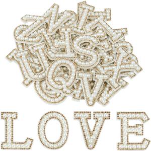Morcheiong 52Pcs Pearl Rhinestone Letter Patches Self Adhesive A-Z, Stick on Pearl Letter Patches for Clothes, Fabric, Backpack (Light Yellow) (52Pcs 1.8")