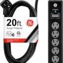 GE 6-Outlet Surge Protector, 20 Ft Extension Cord, Power Strip, 800 Joules, Flat Plug, Twist-to-Close Safety Covers, Protected Indicator Light, UL Listed, Black, 50769