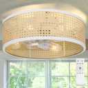 20" Rattan Caged Ceiling Fan with Light & Remote Control, Flush Mount Boho Style Fandelier, Drum Shade, Bladeless/6 Speed/Timer/Quiet DC Motor/Low Profile, for Bedroom Living Room Kitchen