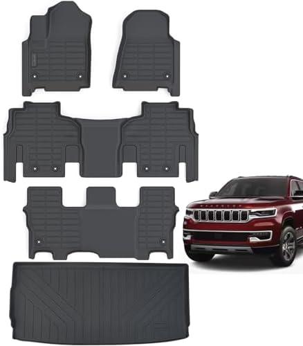 LJWAITO Floor Mats & Trunk Mat for Jeep Wagoneer 2022 2023 2024 2025 Only Filt 8 Seats Version(2 Row Bench Seats),TPE All Weather Protection 3 Rows Car Floor Liners with Cargo Liner