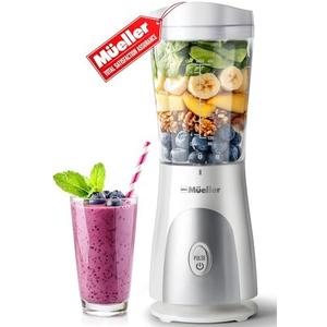 Mueller Smoothie Blender for Smoothies - Personal Blender for Shakes, Frozen Drinks, Baby Food & More, 15oz Travel Cup and Lid, Durable Stainless Steel Blades for Powerful Blending Performance, White