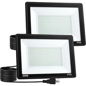 200W LED Flood Light Outdoor, LED Work Light,Floodlight Fixture with Plug in IP66 Waterproof, 6500K 2Pack Security Light for Yard Garden Stadium Garage Playground