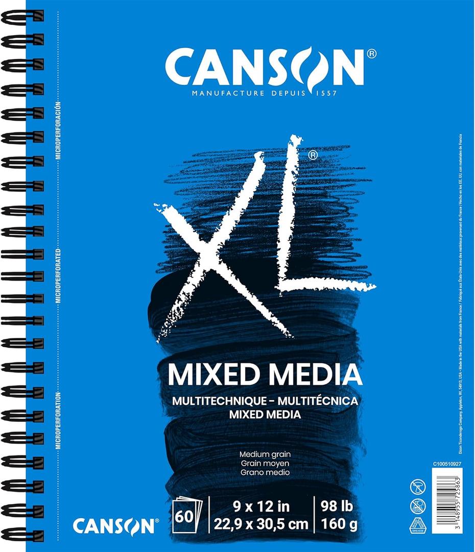 Canson XL Series Mixed Media Pad, Side Wire, 9x12 inches, 60 Sheets  Heavyweight Art Paper for Watercolor, Gouache, Marker, Painting, Drawing, Sketching