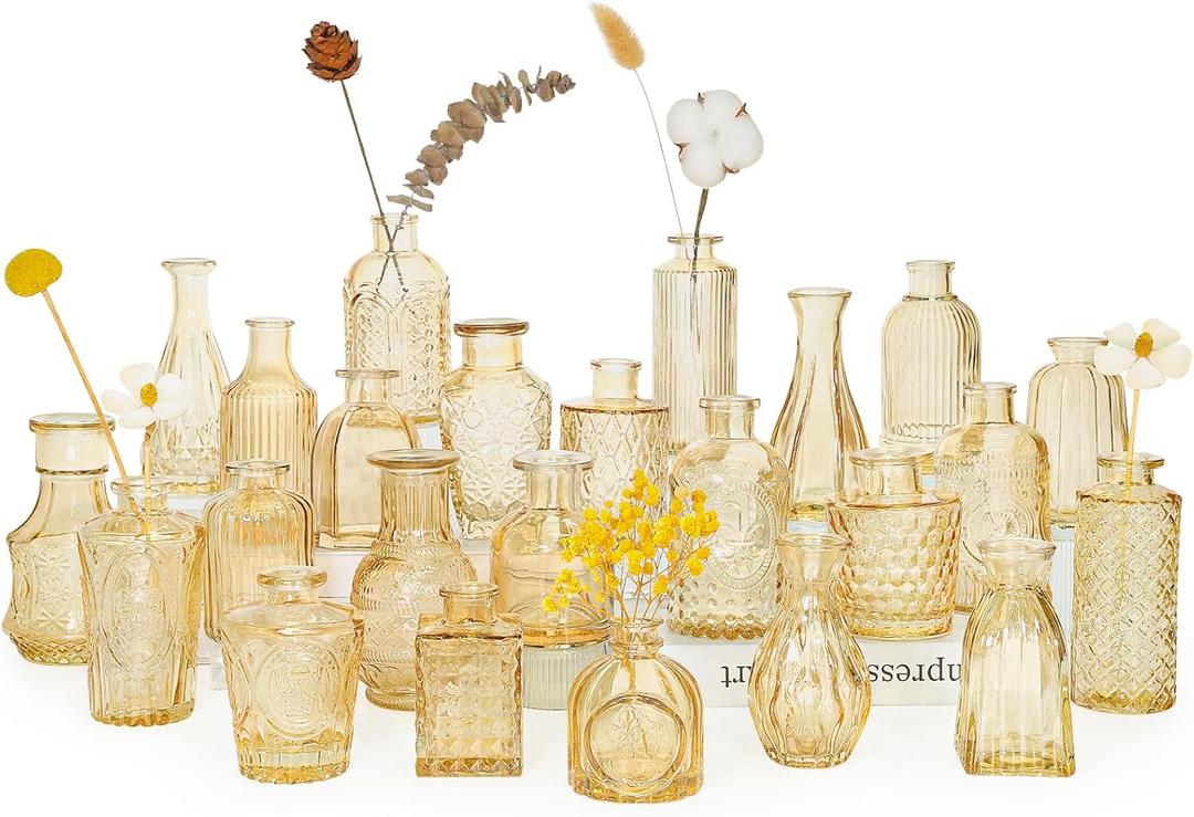 24pcs Glass Bud Vase Set, Small Gold Amber Flower Vases for Centerpieces in Bulk, Mini Vintage Vase for Wedding, Home,Table Decoration