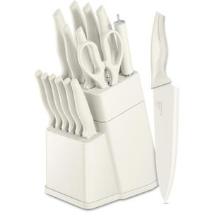 LIANYU Knife Set, 15 PCS Kitchen Knife Block Set with Sharpener, Premium Stainless Steel Chef Knives Set for Home, Paring Chopping Santoku Serrated Steak Knife, Sharp & Rust Resistant, Cream White