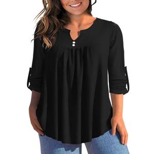 AMCLOS Womens Tops Plus Size V Neck T-Shirts Blouses Casual Flowy Pleated Tunic Long Sleeves(Black, 2XL)