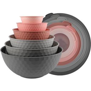 COOK WITH COLOR Mixing Bowls with Lids - 12 Piece Plastic Nesting Bowls Set includes 6 Prep Bowls and 6 Lids, Non Slip Bottom and Embossed Design - Microwave Safe (Pink)