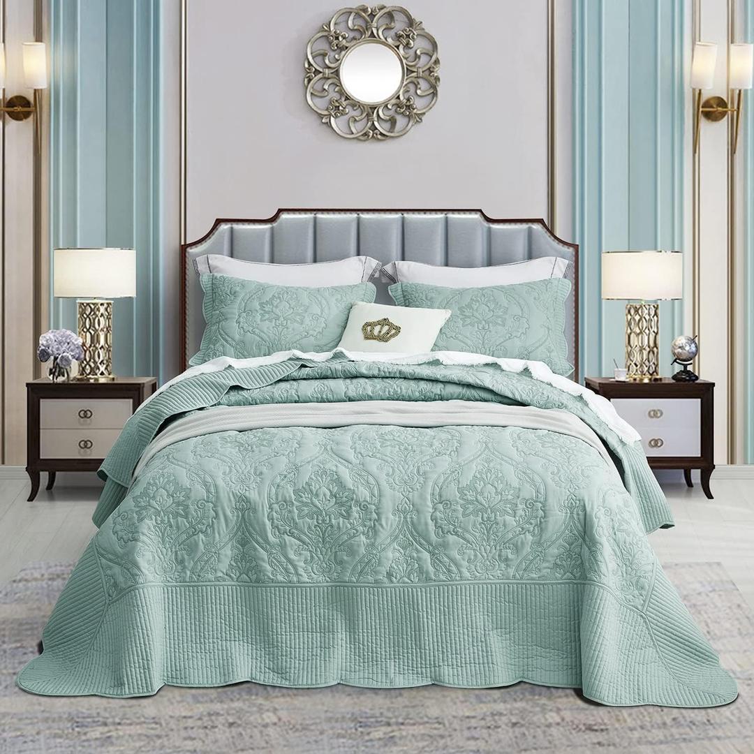 CHIXIN Oversized Bedspread Coverlet Set King Size - Lightweight Bedding Cover - Beautiful Stitching - 5 Piece Reversible Bedspread - Gorgeous Damask Paisley Pattern (King, Seaglass) (King/Cal King(120"x118"))