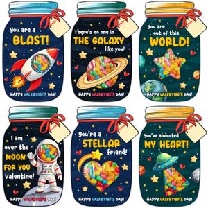 MAPDTWO 36 Packs Space Valentines Day Cards - Kids Valentines Cards for School Classroom Party Favors - Space Astronaut for Kids, 3.7''x 5.6'' Mason Jar Greeting Card Exchange (Candy Not Included)