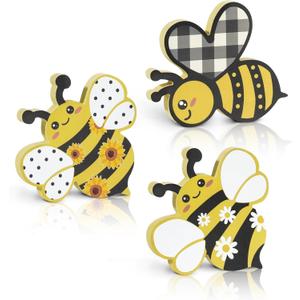Putuo Decor 3 Pcs Bee Wooden Table Sign Honey Bee Wood Table Decor Sweet Bee Centerpiece Spring Tabletop Block Signs Farmhouse Bee Tiered Tray Decor for Home Kitchen Shelf Party Favors