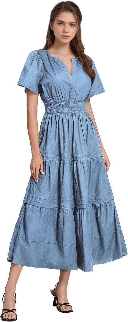ShallWe Women's Black Summer Dress Casual Long Maxi Short Sleeve Layered Cotton V Neck A Line Flowy Dresses for Women 2025 (Medium, Blue)