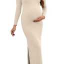 guruixu Women's Maternity Sweater Dress Ribbed Knit Long Sleeve Maxi Bodycon Dress for Baby Shower Casual Pregnancy Outfits Apricot, Medium