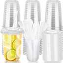 16oz Disposable Stemless Glasses with Flat Lids and Straws,PET Disposable Drinking Cups,Clear Plastic Wine Glasses for Parties Birthday,Wedding,Meeting,Christmas Party Supplies. (50, Transparent)