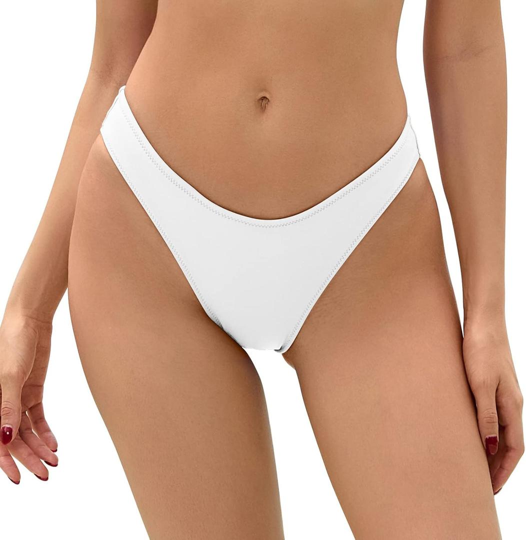 Bellecarrie Women's Cheeky Brazilian Bikini Bottoms Low Rise High Cut Swim Bottom (White) S