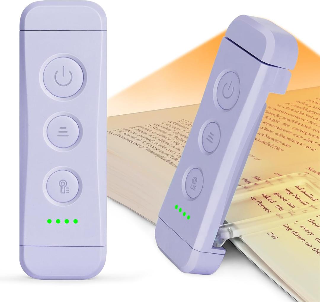 Glocusent USB Rechargeable Book Light, Portable Clip-on LED Reading Light, Reading Lights for Books in Bed with 3 Amber Colors & 5 Brightness Dimmable, Compact & Long Lasting, Perfect for Book Lovers (Purple)