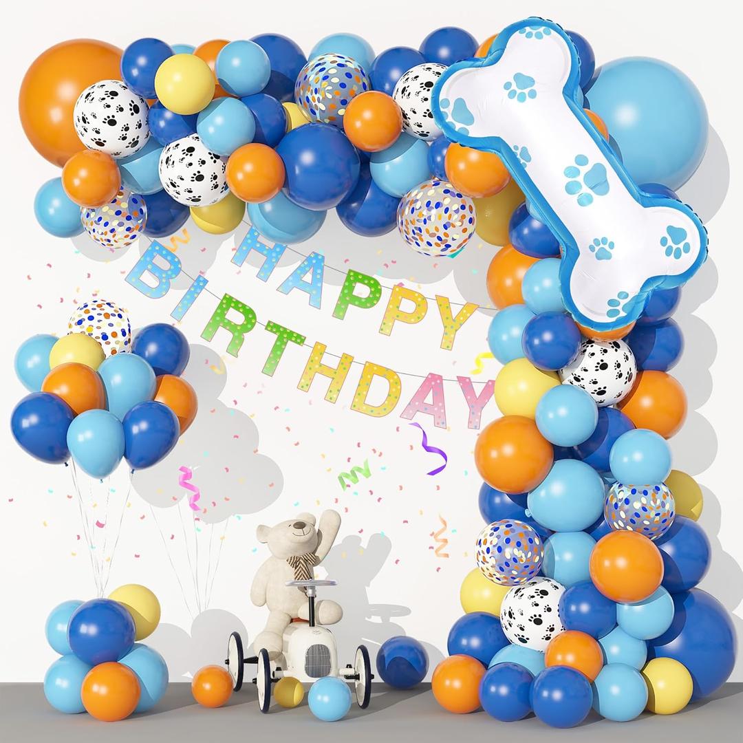 3 x Ouddy Life 128Pcs Bone Balloons Garland Arch Kit, Blue Orange Themed Birthday Party Supplies with Happy Birthday Banner Foil Paw Print Latex Confetti Balloons for Boys Girls Baby Shower