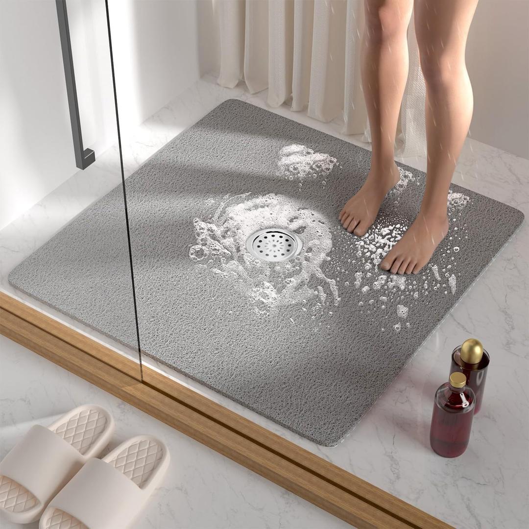 Square Shower Mat, 24''X24'' Super Non Slip Shower Mats for Inside Shower, Soft PVC Loofah Bath Mat Without Suction Cups for Tub, Quick-Dry, Easy Clean Bathroom Floor Accessories, Grey