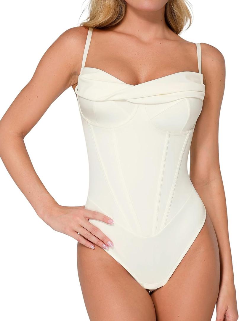 Popilush Corset Bodysuit for Women Tummy Control Shapewear Bodysuits Cowl Neck Going Out Tops Thong Body Suit Concert Outfits (Large, Beige)