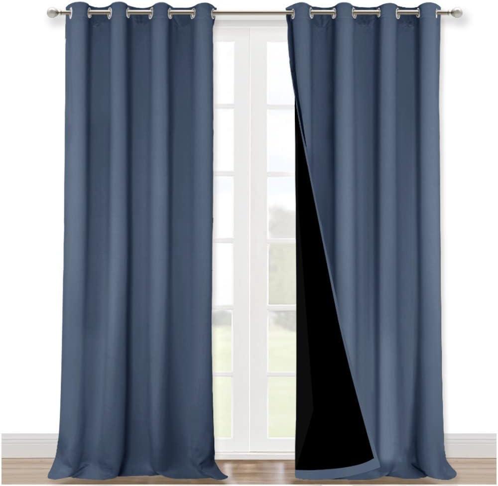 NICETOWN Insulated 100% Blackout Curtains, Noise Reducing Performance Drapes with Black Lining, Full Light Blocking Draperies for Overnight Shift Worker (Stone Blue, 1 Pair, 52 inches x 95 inches)