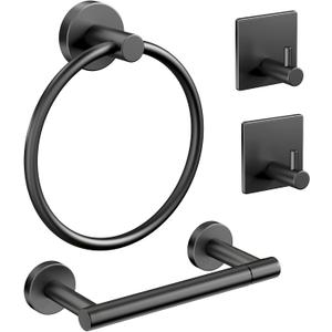 Pokim Bathroom Hardware Set - SUS304 Stainless Steel Wall Mount Toilet Paper Holder,Hand Towel Ring,Robe Hooks,Rustproof,Matte Black,Easy Installation for Bathroom