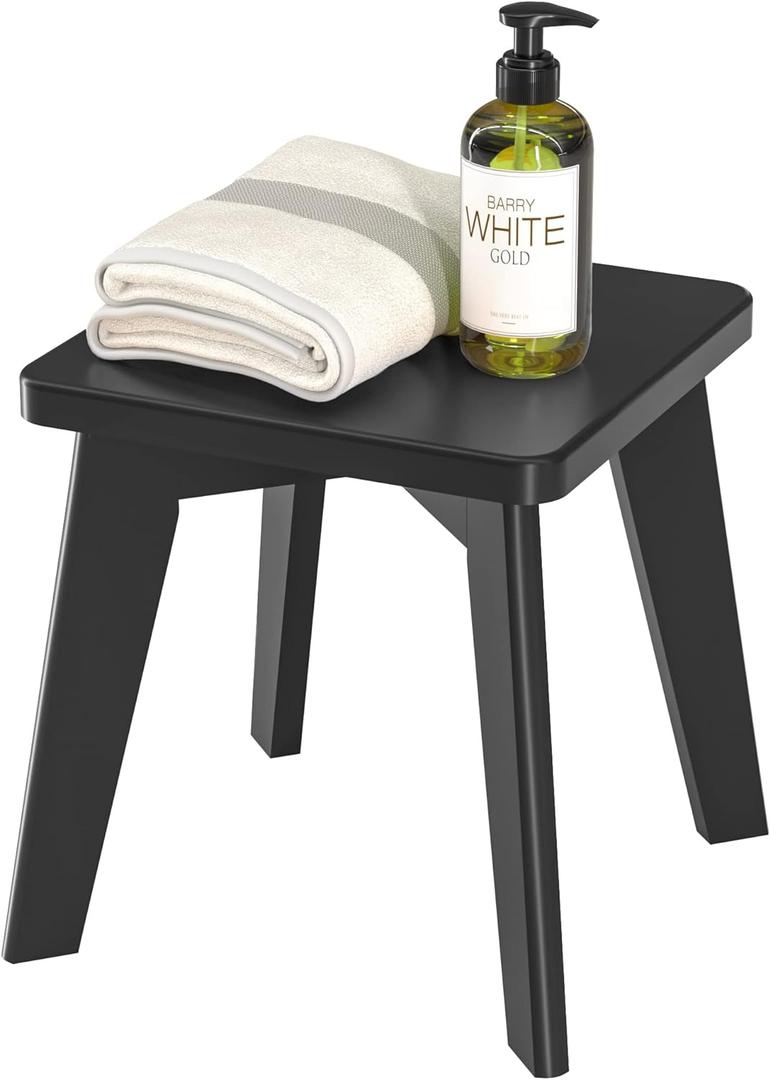 Shower Stool for Shaving Legs Kids Adults Small Bench for Bathroom Sink Bedroom Bamboo Wooden Stool for Inside Shower Black 10 inch (Medium-9.65"x9.65"x10")