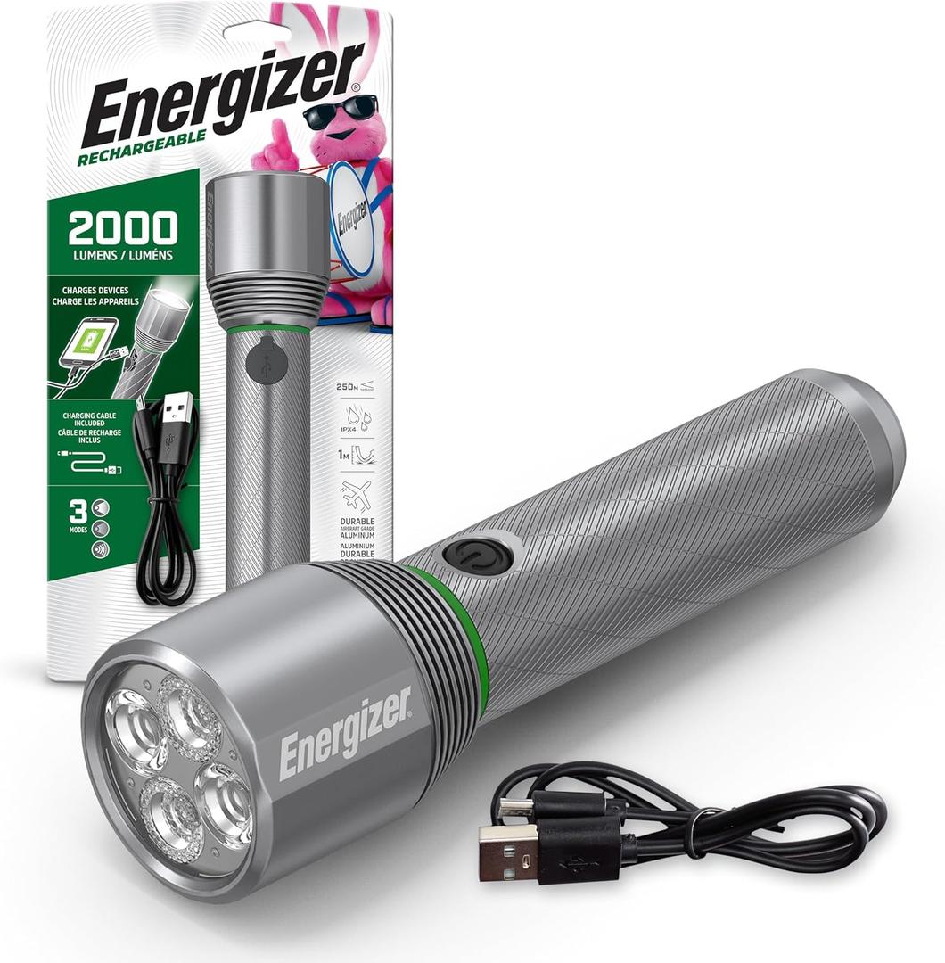 Energizer X2000 LED Rechargeable Flashlight, Powerful 2000 Lumen Flash Light, IPX4 Water Resistant, Excellent Emergency Power Outage Light