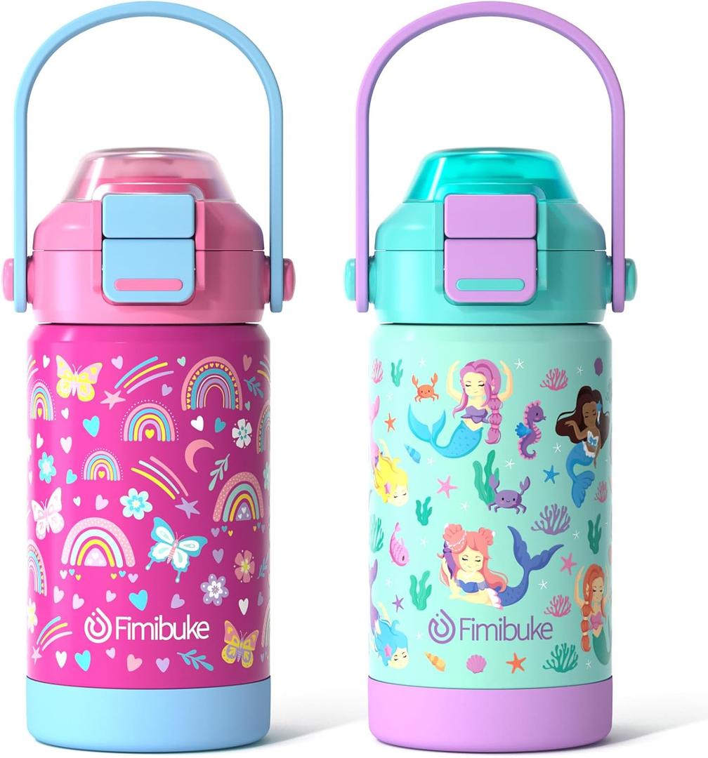 Fimibuke Kids Insulated Water Bottle with Pop-Open Straw & Spout 2-in-1 Lid, 14oz Leak Proof 18/8 Stainless Steel Vacuum Tumbler, BPA-Free Kids Cup For Travel School Girls Boys Toddler 2Packs (A3.Rainbow+Mermaid)