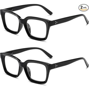 2 Pack Readers for Women Fashion Style Square Reading Glasses with Spring Hinge Blue Light Blocking for Men Ladies D +2.0